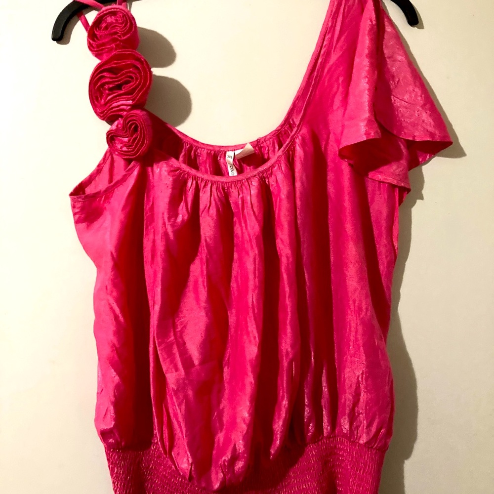 COPY - Pretty pink summer blouse with three fabric roses on one sleeve.